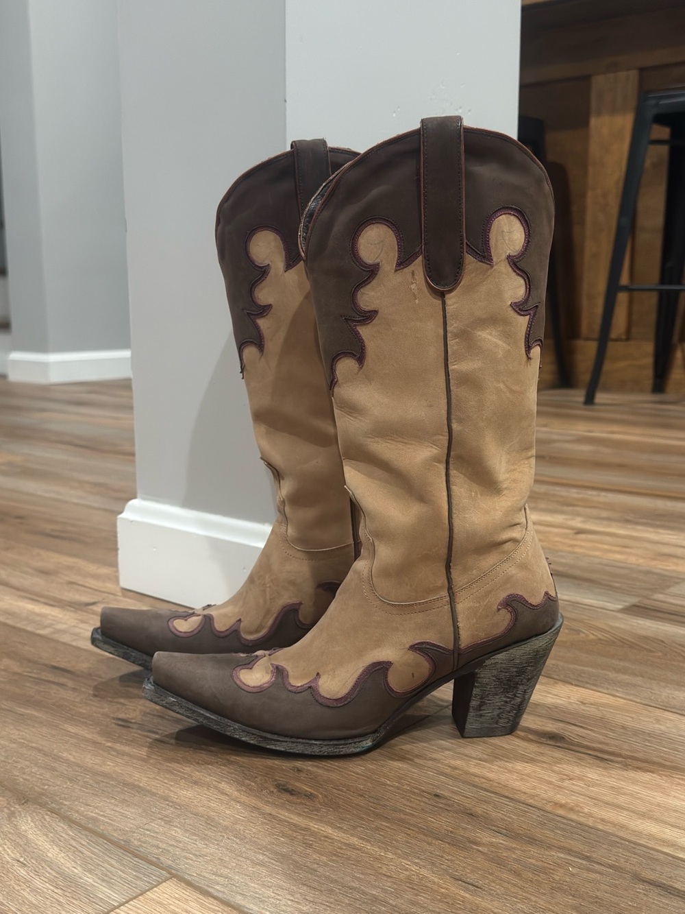 LANE Brown & Tan Two-tone Leather Western Snip-toe Heeled Cowboy Boots | Sz 9.5